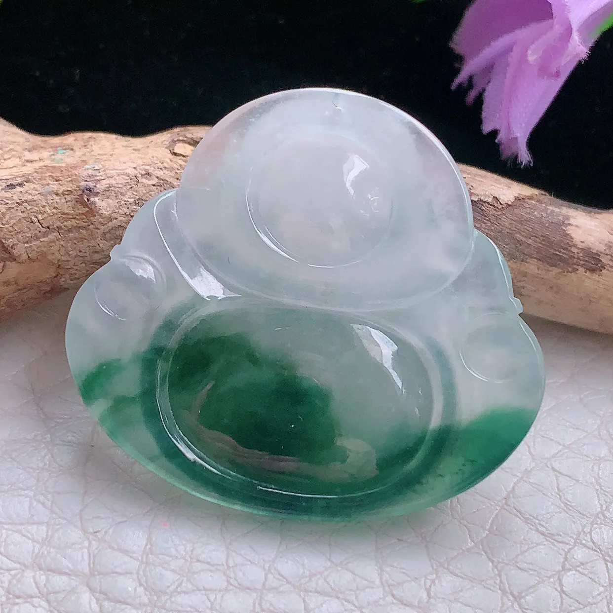 axm自然光31.3*34.8*6.2天然缅甸翡翠a货冰飘花开心佛 弥勒佛玉坠 玉挂件