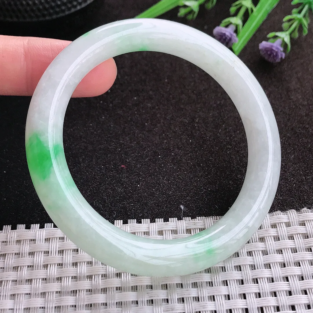 实拍A货翡翠55.5/9.6/9.8老坑精美冰润飘阳绿圆条手镯玉镯手环