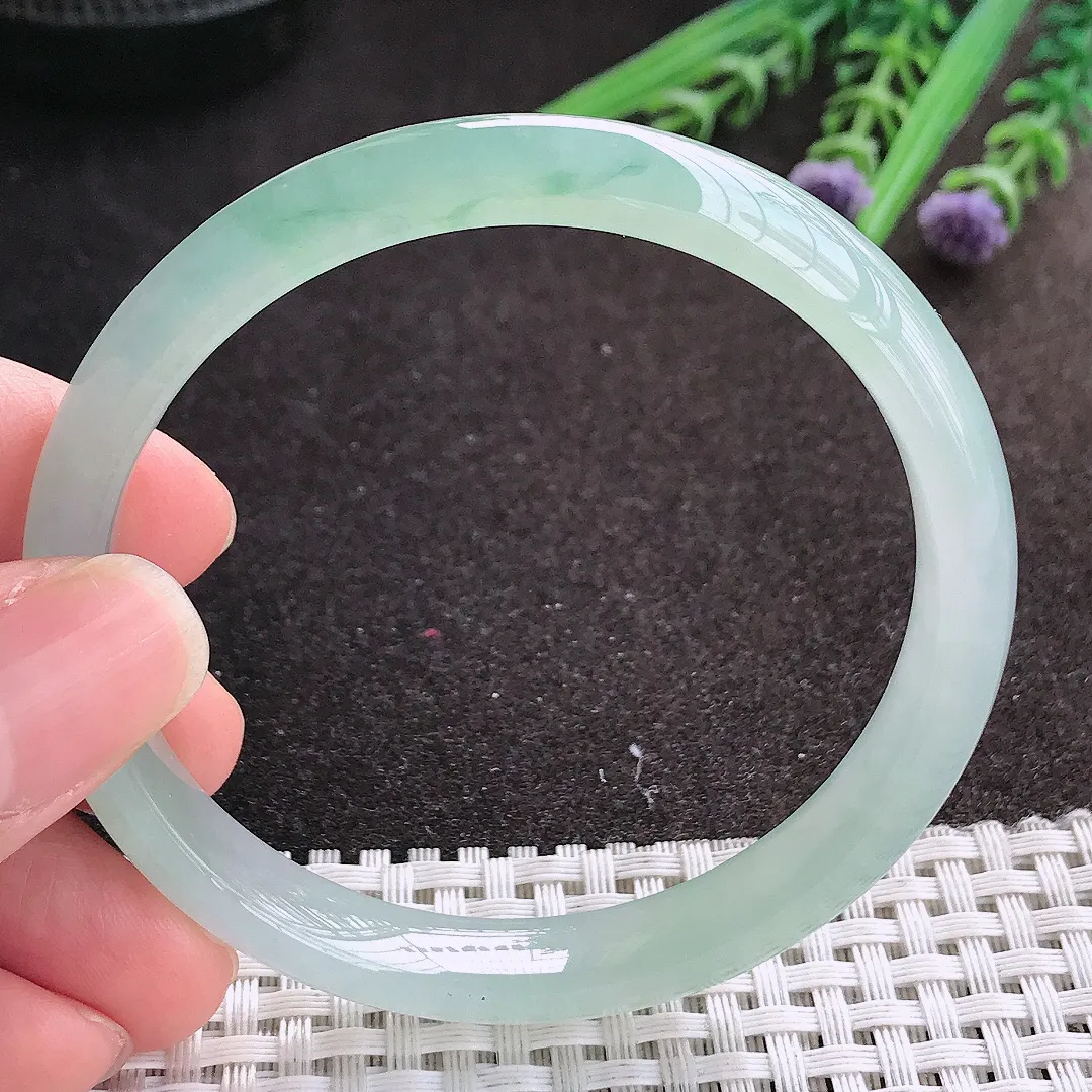 实拍A货翡翠57.5/10/6.8老坑冰胶果冻胶冰晴绿手镯宽边玉镯手环