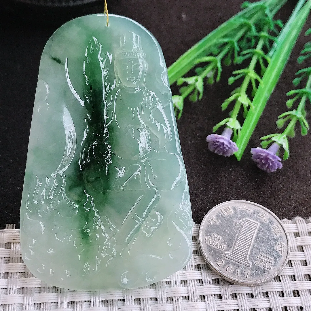 实拍A货翡翠70.5/43.6/5.1老坑冰胶果冻冰晴飘花文殊菩萨吊坠翡翠挂件