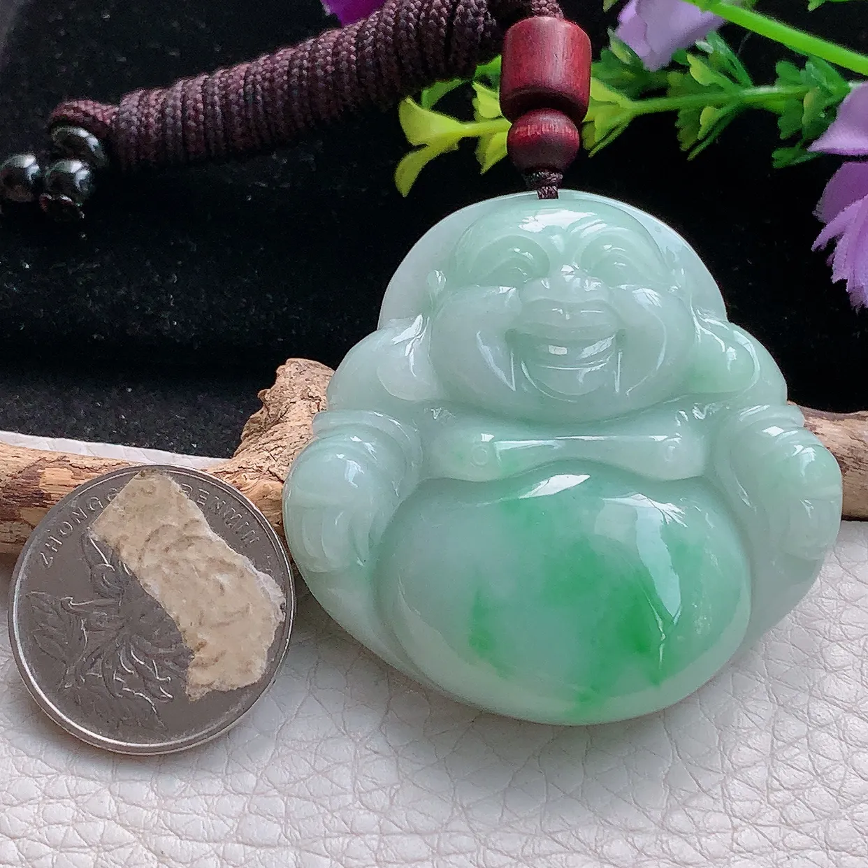 zen实拍46.5*48.8*11.5缅甸天然翡翠飘阳绿大佛公吊坠 大肚弥勒佛毛衣坠