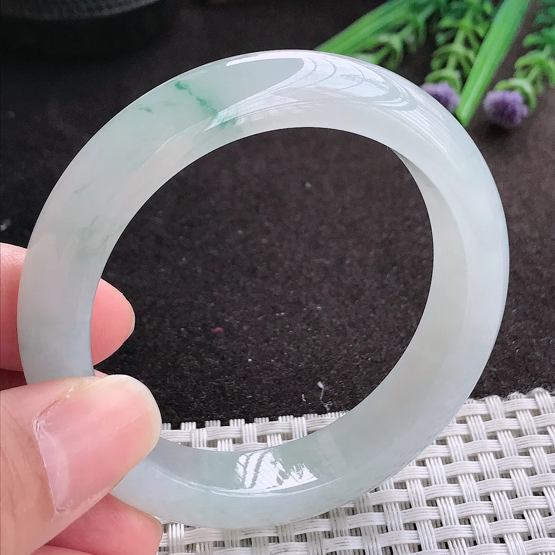 实拍A货翡翠54.5/12.9/9老坑冰胶果冻飘花手镯宽边玉镯手环