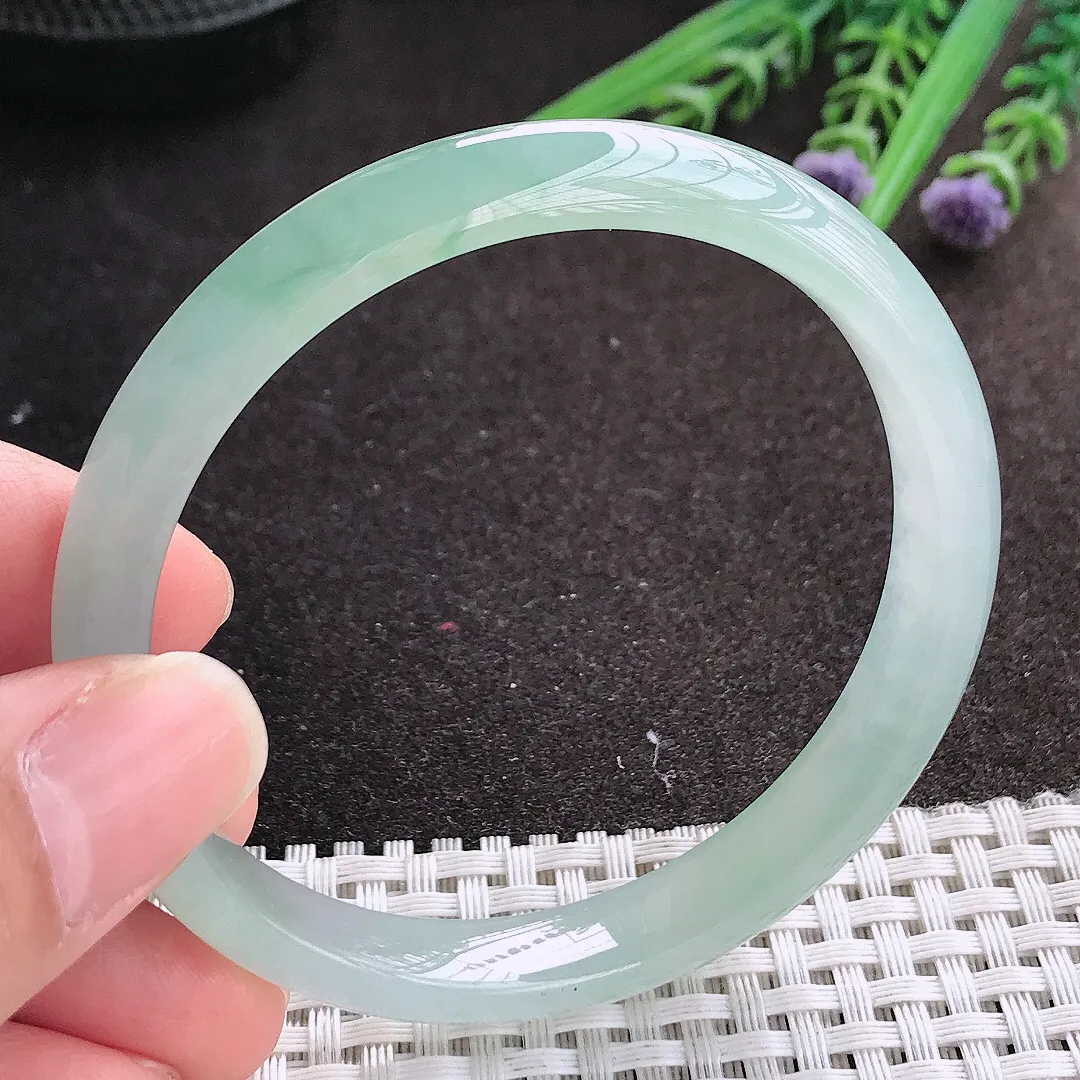 实拍A货翡翠57.5/10/6.8老坑冰胶果冻胶冰晴绿手镯宽边玉镯手环