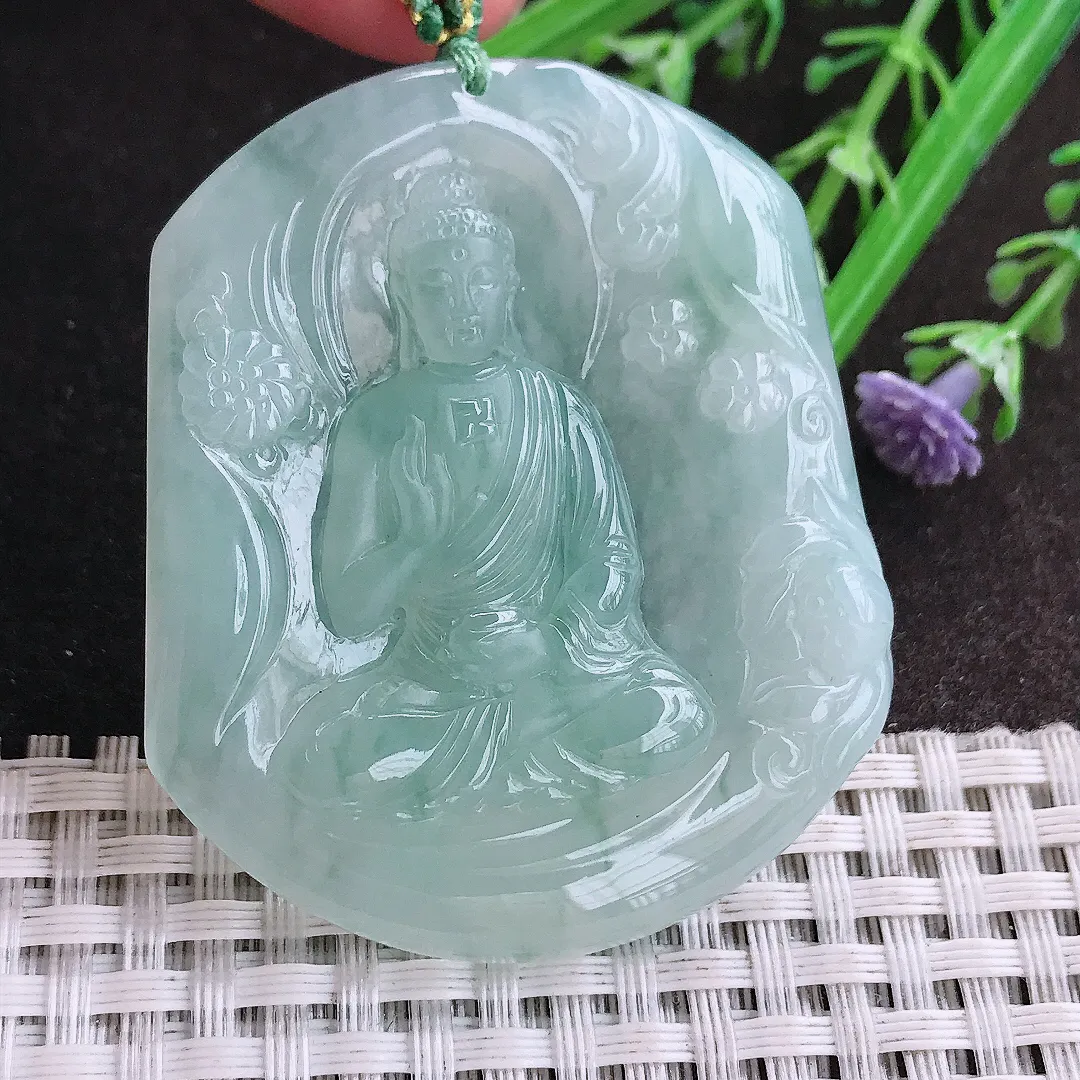 实拍A货翡翠53/45/5.8老坑冰胶水灵冰晴阿弥陀佛吊坠翡翠挂件