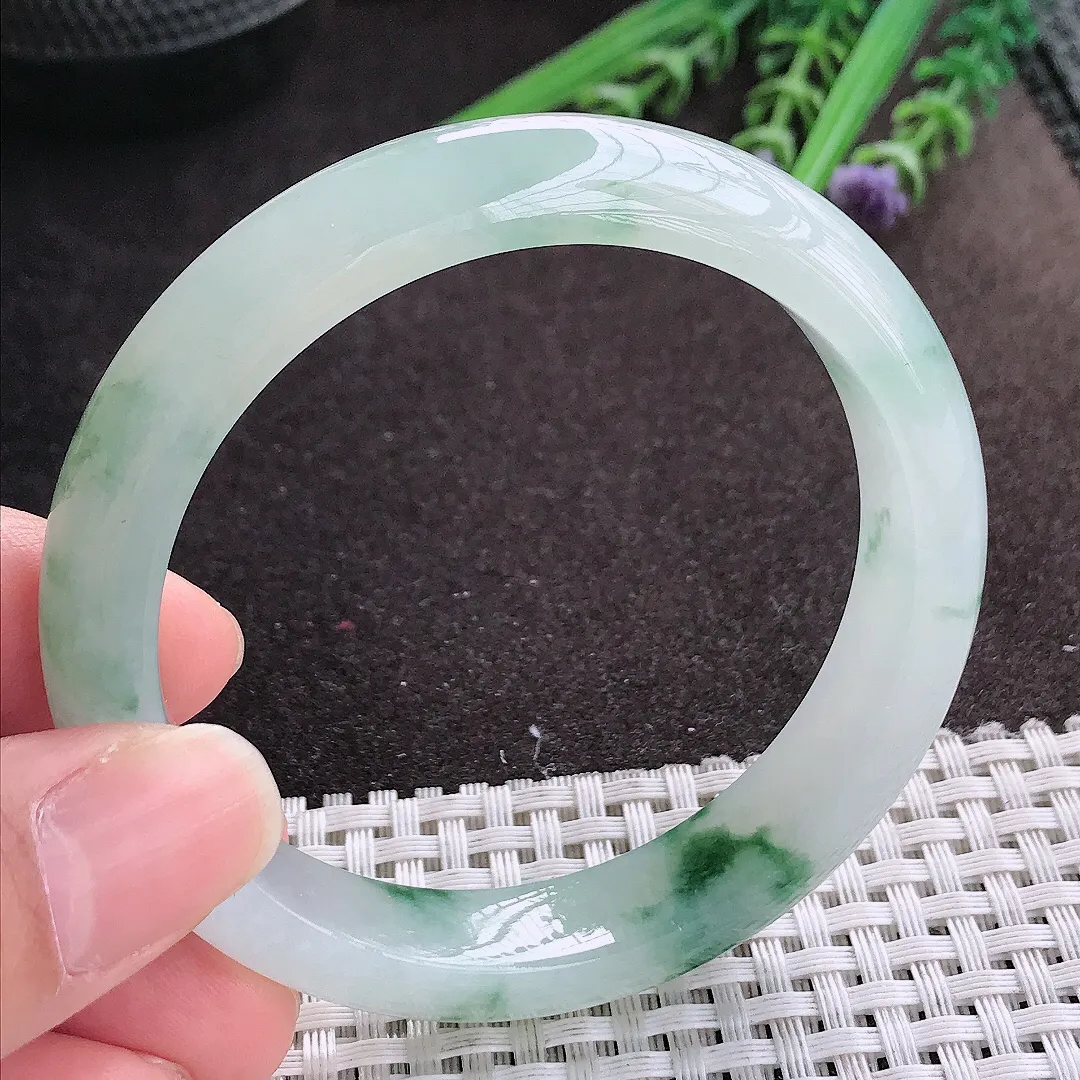 实拍A货翡翠56.5/12.1/8老坑冰胶水灵冰飘花手镯宽边玉镯手环