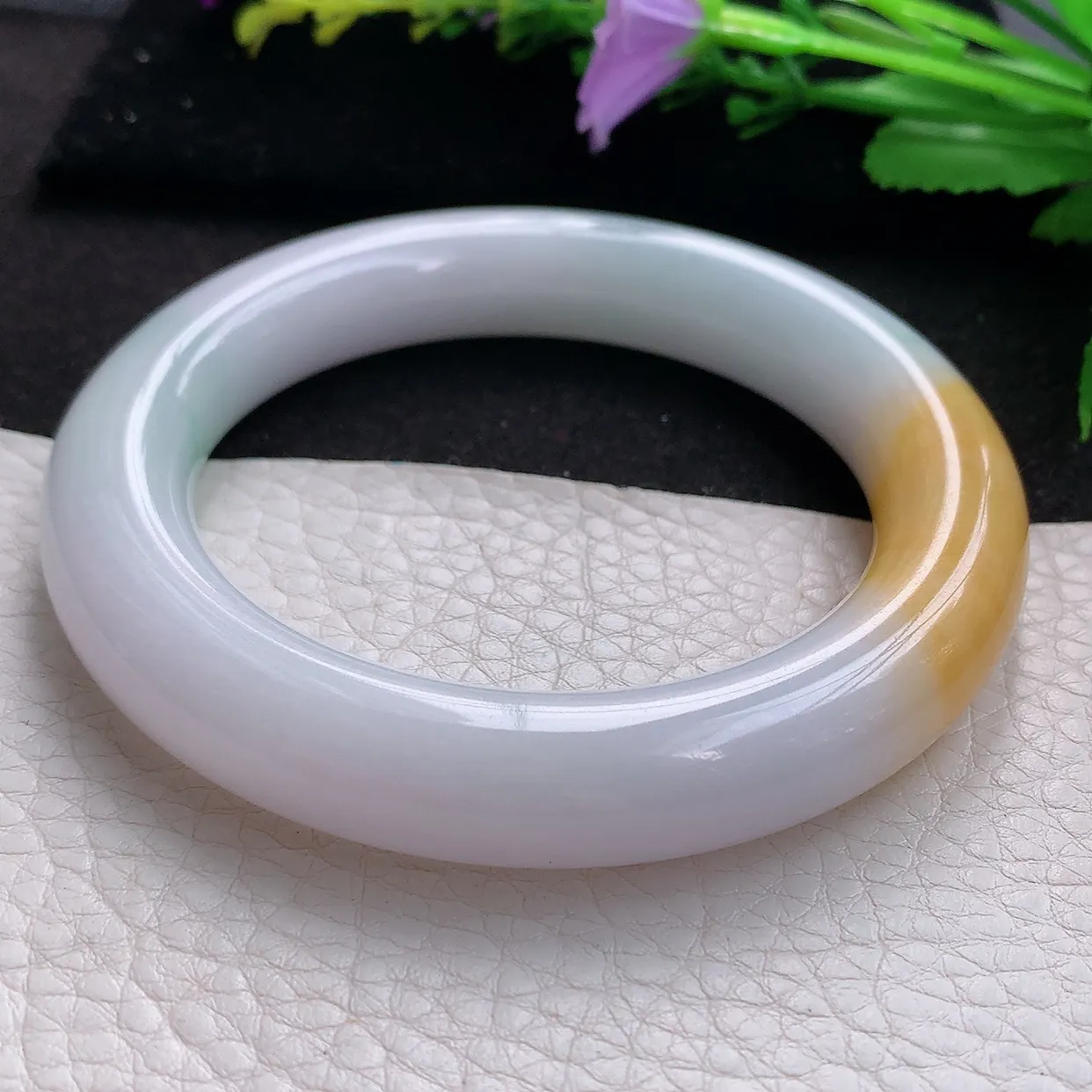 nr实拍58.5*12.8*12.5胖圆镯 天然翡翠A货三彩玉手镯胶感大气圆条美人镯