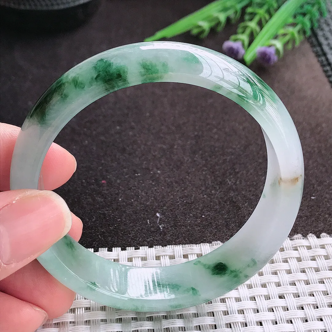 实拍A货翡翠59/15.8/7.3老坑冰润起胶飘花轮胎手镯宽边玉镯手环