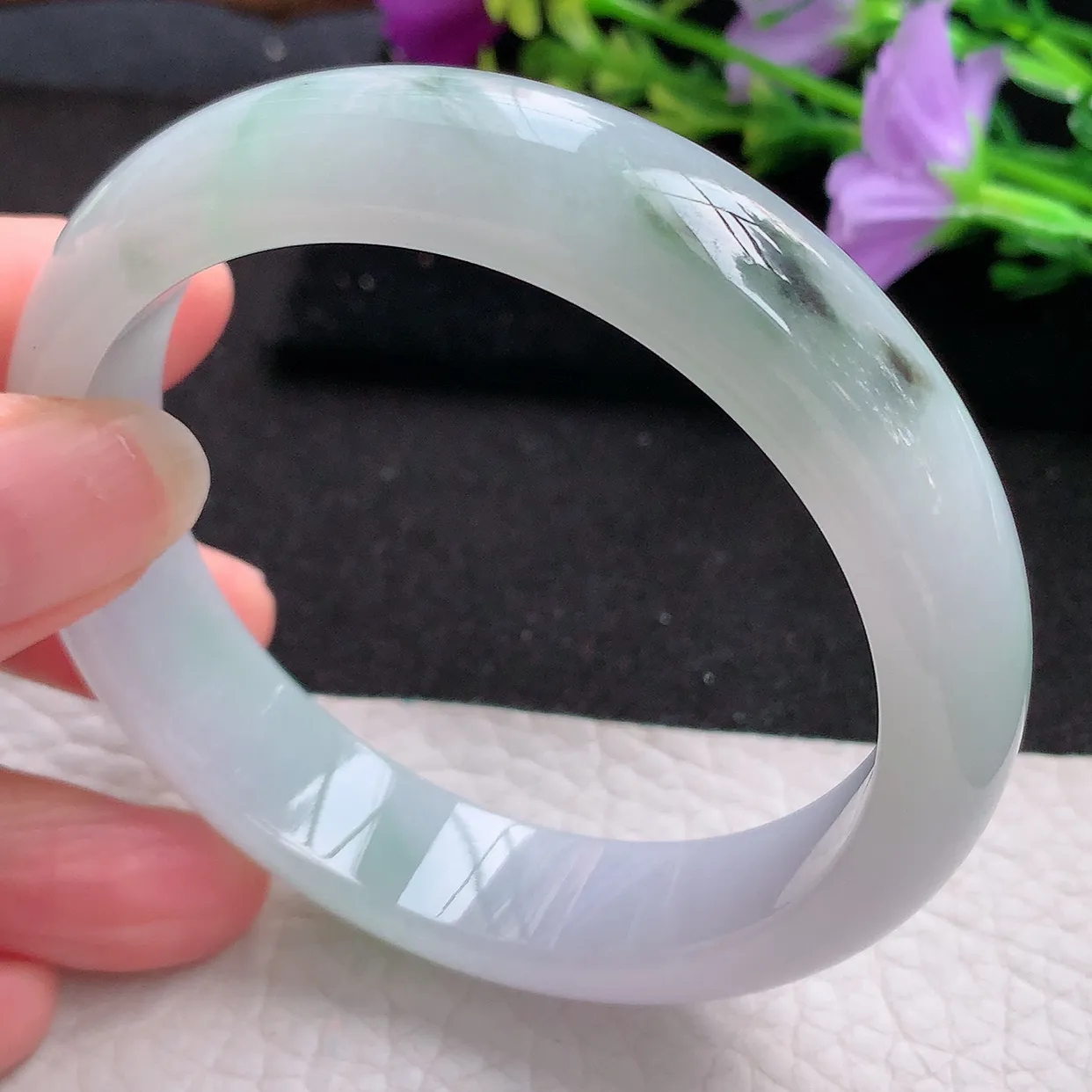 nr实拍57*13.8*8平安镯 天然翡翠A货飘花玉手镯胶感宽边玉手环