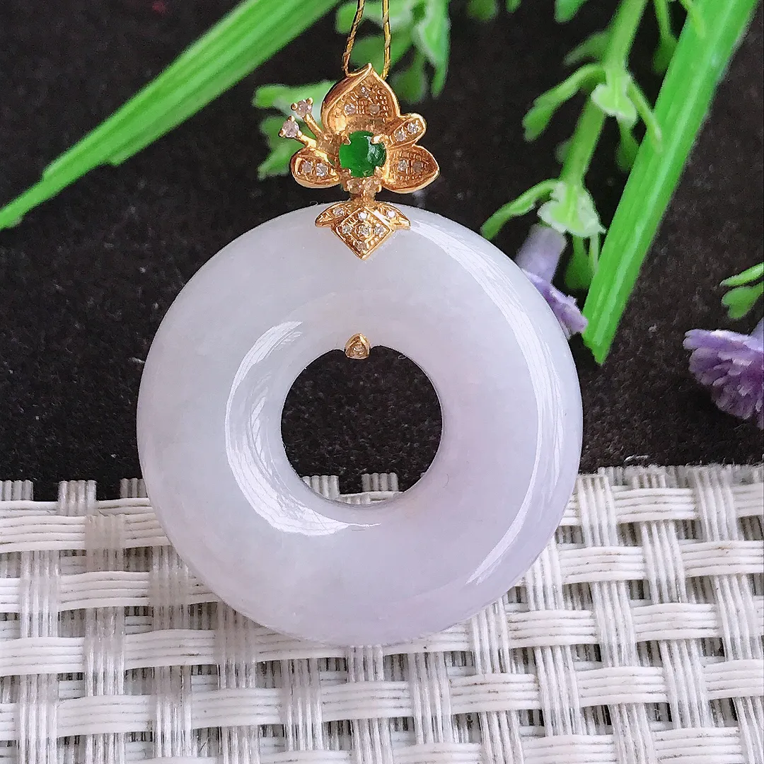 实拍A货翡翠28.3/8.8老坑18k金镶嵌冰润淡紫色平安扣吊坠翡翠玉环挂件