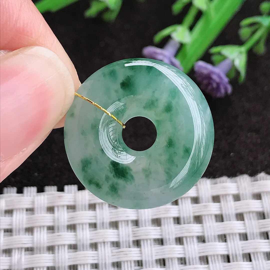 实拍A货翡翠23.8/6老坑冰胶水灵冰飘花平安扣玉环吊坠翡翠挂件