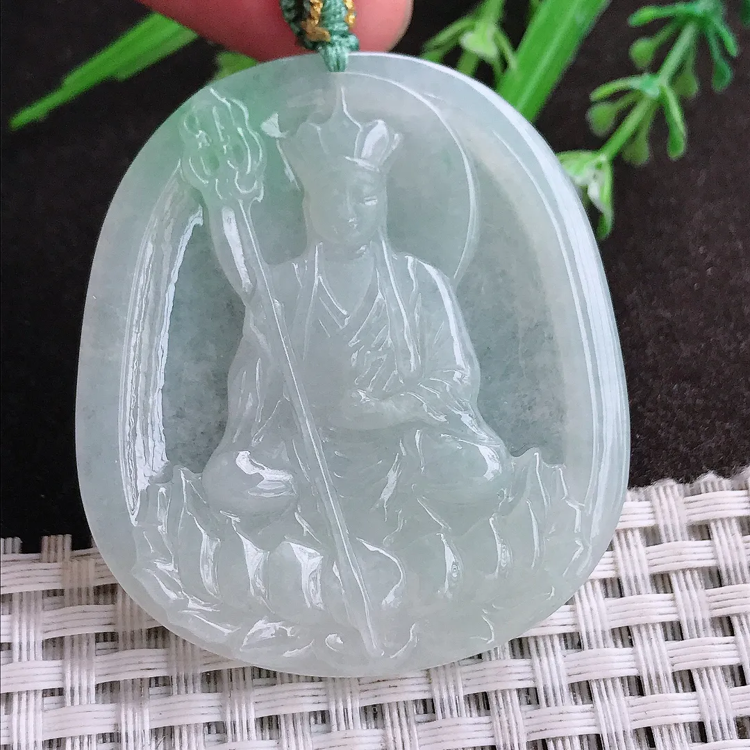 实拍A货翡翠49.6/44/5.2老坑冰润起胶地藏王菩萨吊坠翡翠挂件