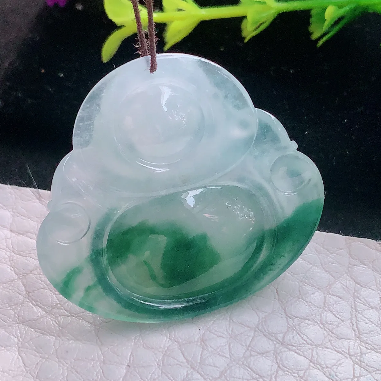 axm自然光31.3*34.8*6.2天然缅甸翡翠a货冰飘花开心佛 弥勒佛玉坠 玉挂件