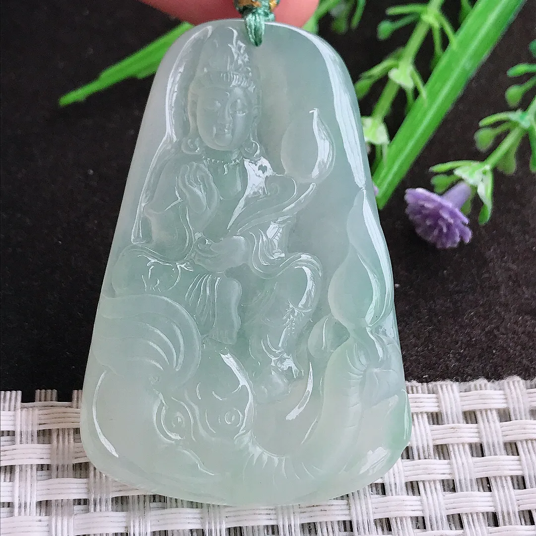 实拍A货翡翠54/36/6.2老坑冰胶果冻冰晴普贤菩萨吊坠翡翠挂件