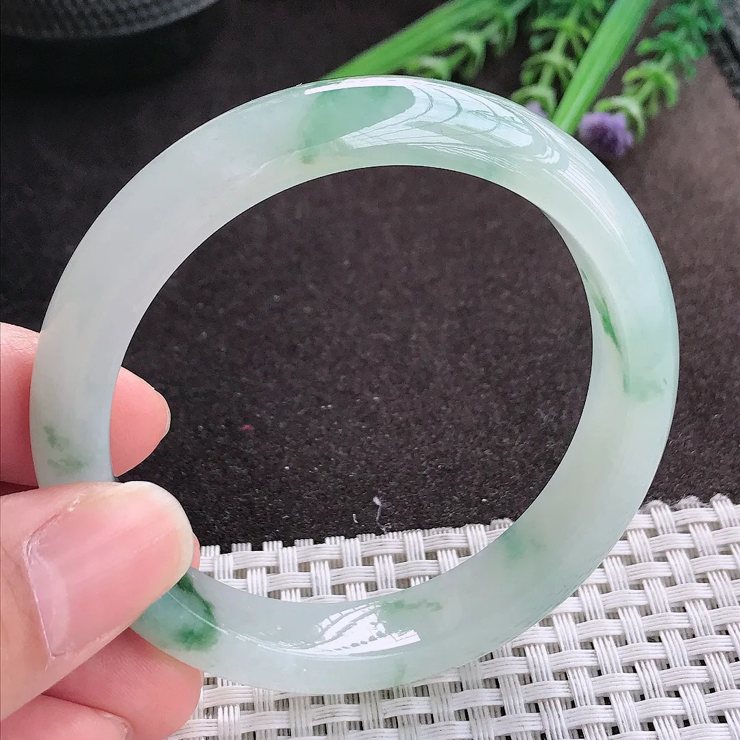 实拍A货翡翠56.5/12.1/8老坑冰胶水灵冰飘花手镯宽边玉镯手环