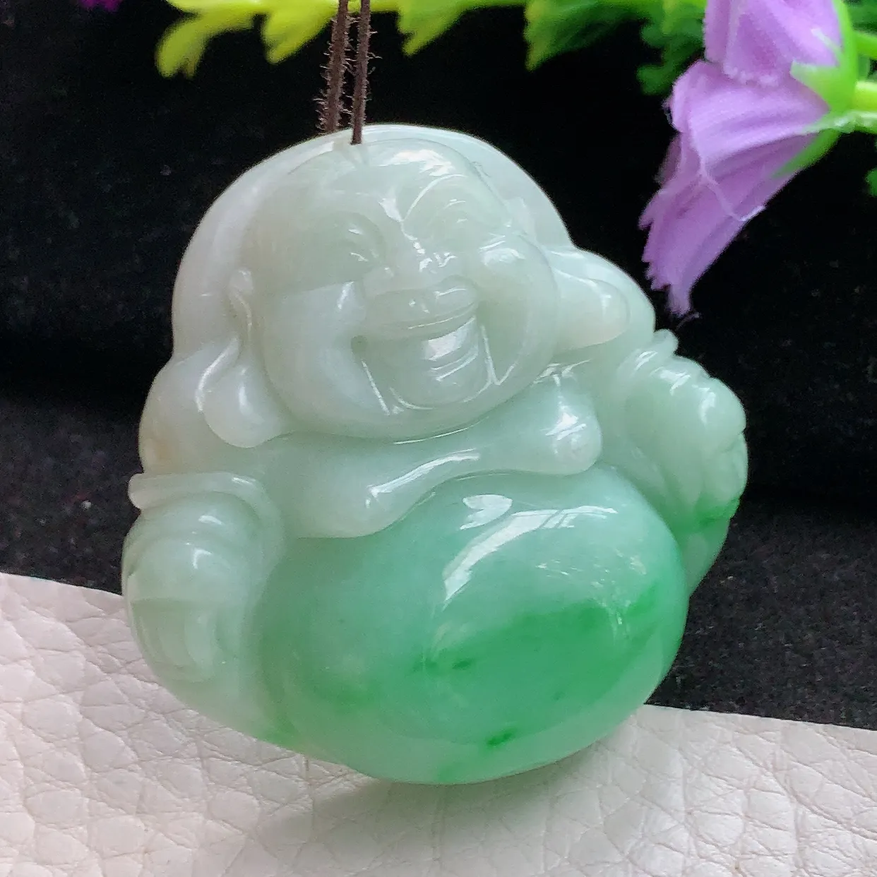 zen实拍41*41.8*12.8缅甸天然翡翠半山半水开心佛玉吊坠 玉挂件