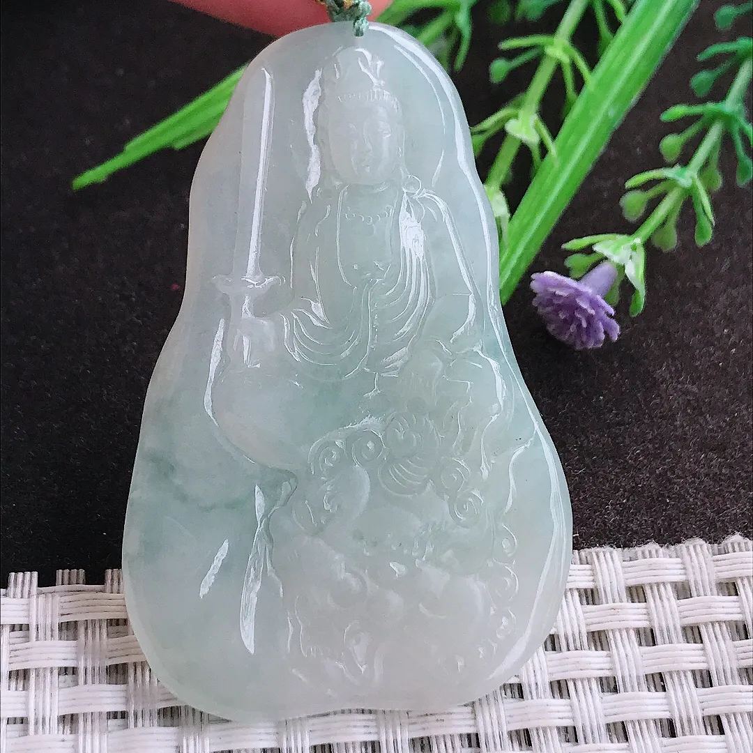 实拍A货翡翠60/38/6老坑冰胶水灵文殊菩萨吊坠翡翠挂件