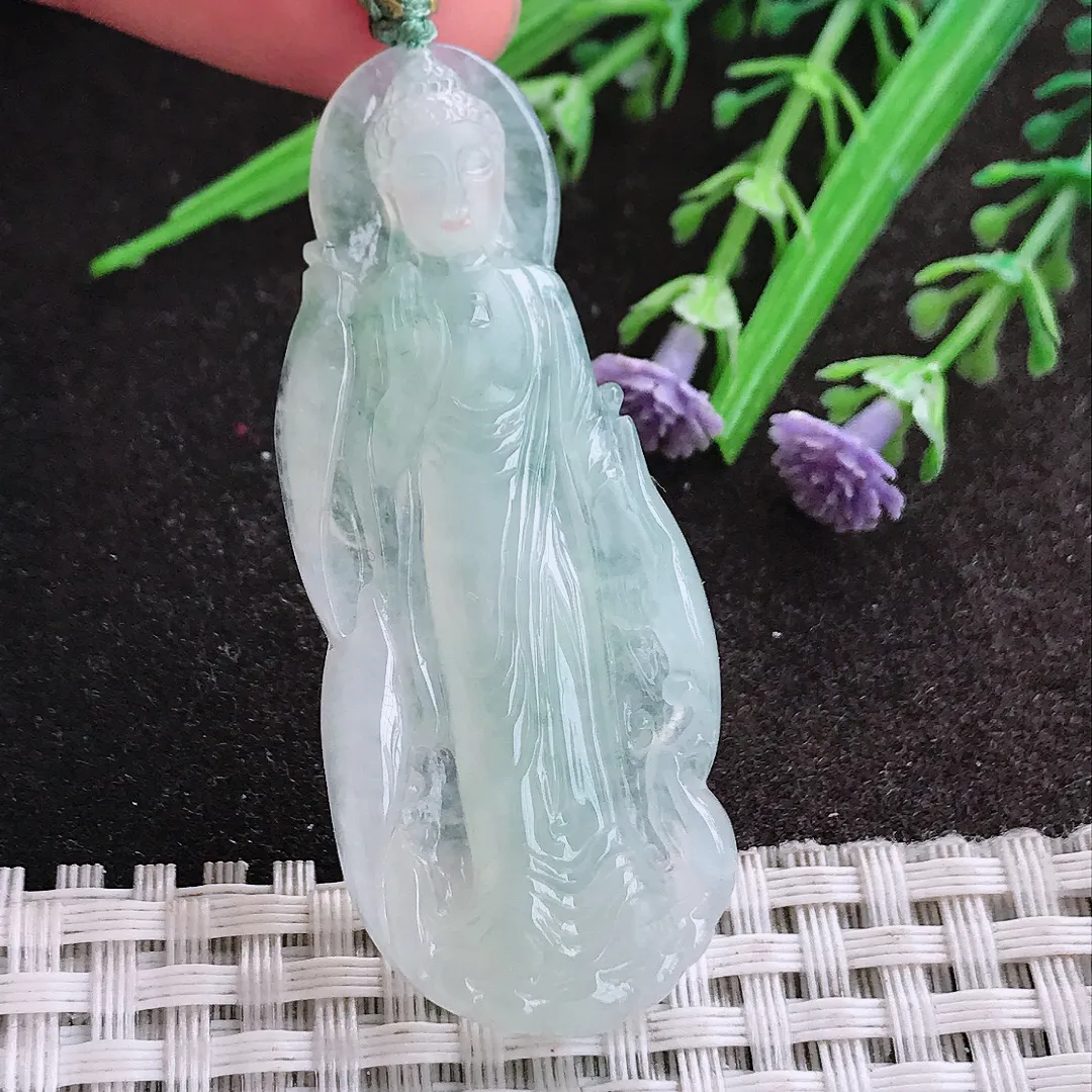 实拍A货翡翠54.8/23.2/6.8老坑冰胶果冻阿弥陀佛吊坠翡翠站佛挂件