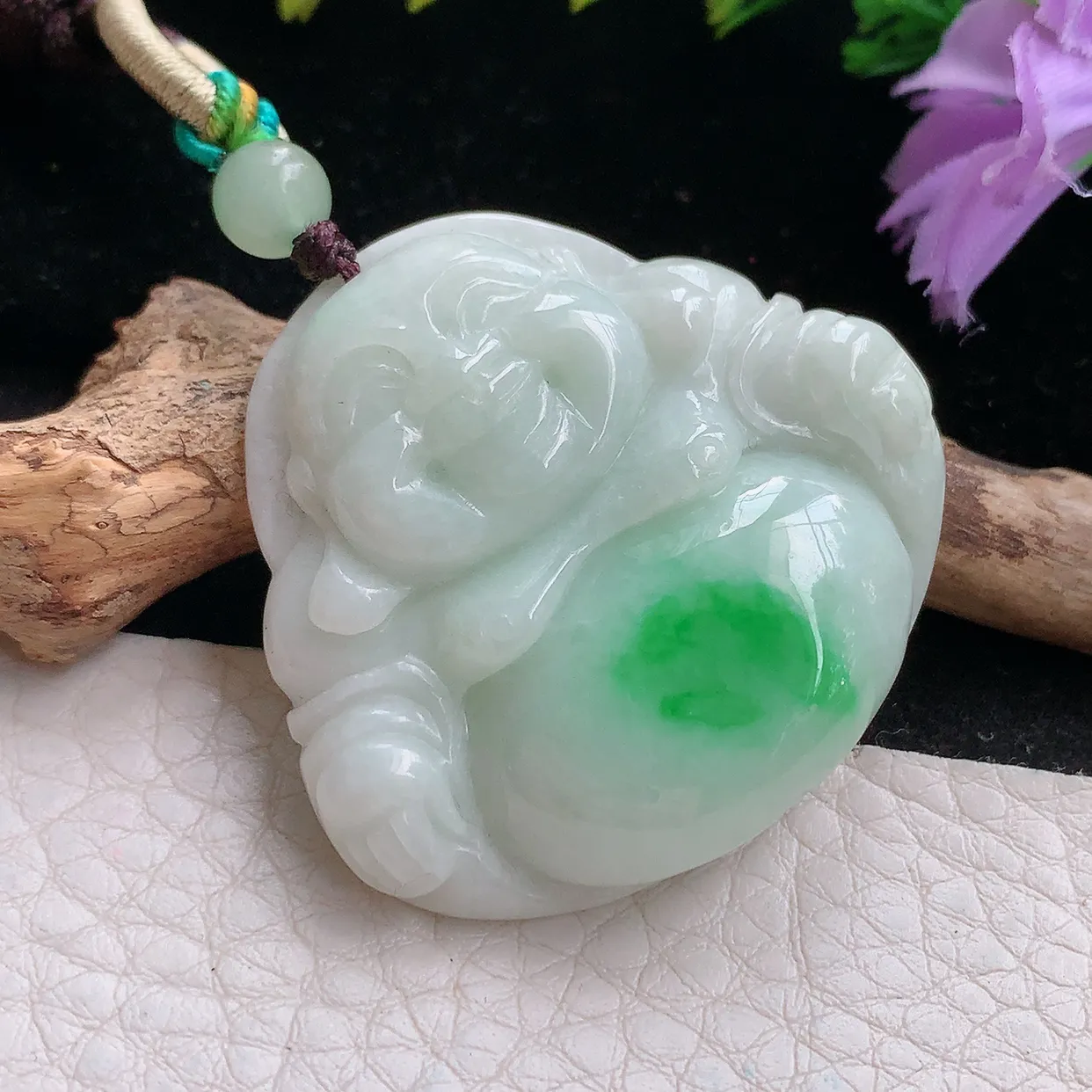 zen实拍38*41*9缅甸天然翡翠白底青佛公 弥勒佛玉吊坠