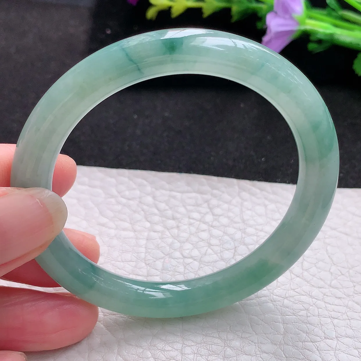 n实拍54.5*8.7*8.5美人镯 天然翡翠A货玉手镯冰飘花圆条玉镯子 叮当镯