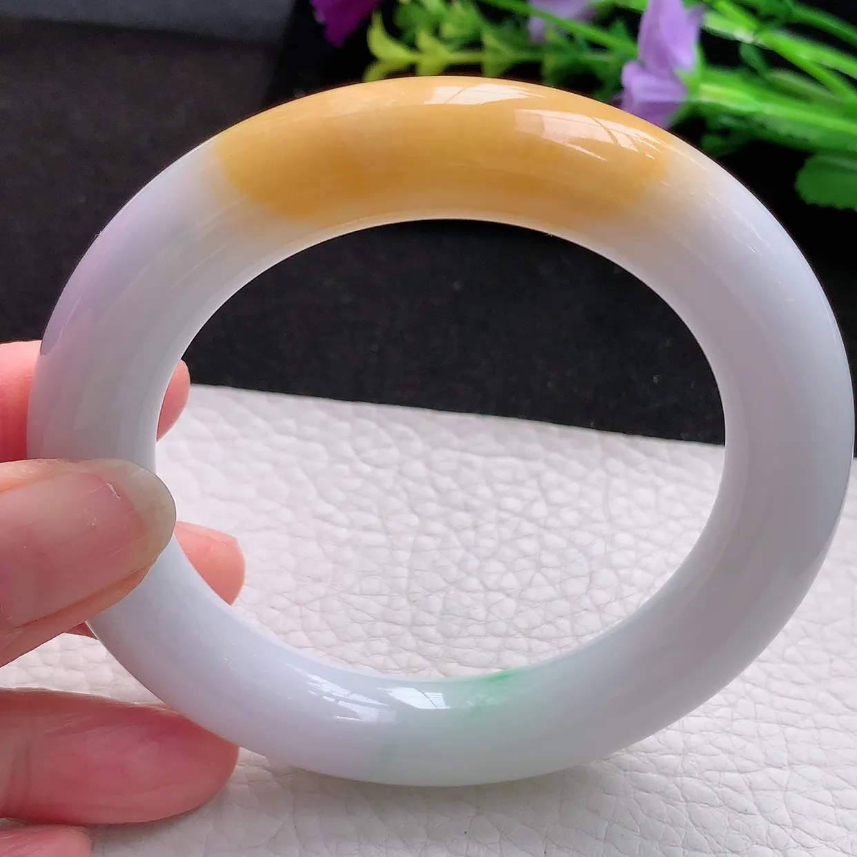 nr实拍58.5*12.8*12.5胖圆镯 天然翡翠A货三彩玉手镯胶感大气圆条美人镯