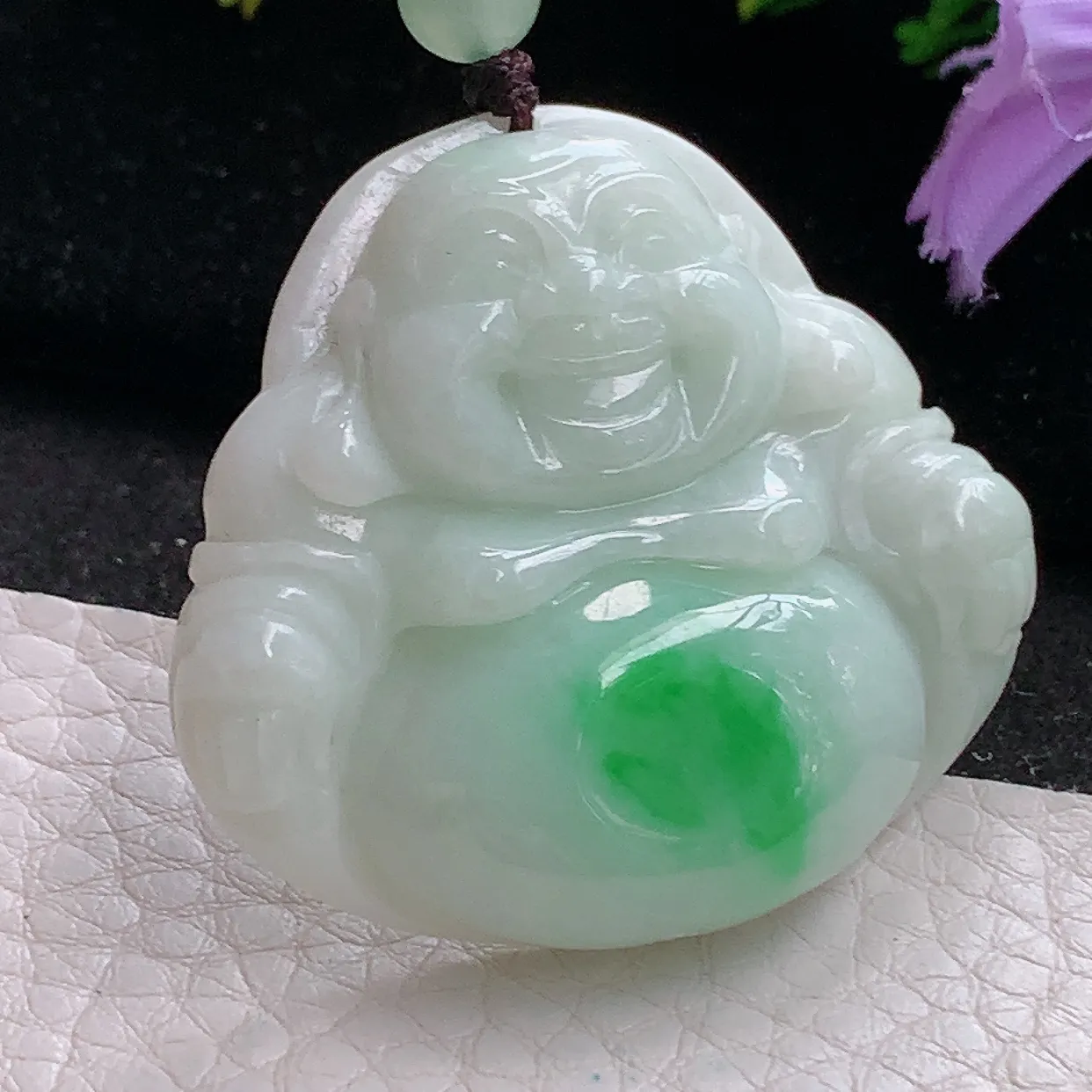 zen实拍38*41*9缅甸天然翡翠白底青佛公 弥勒佛玉吊坠