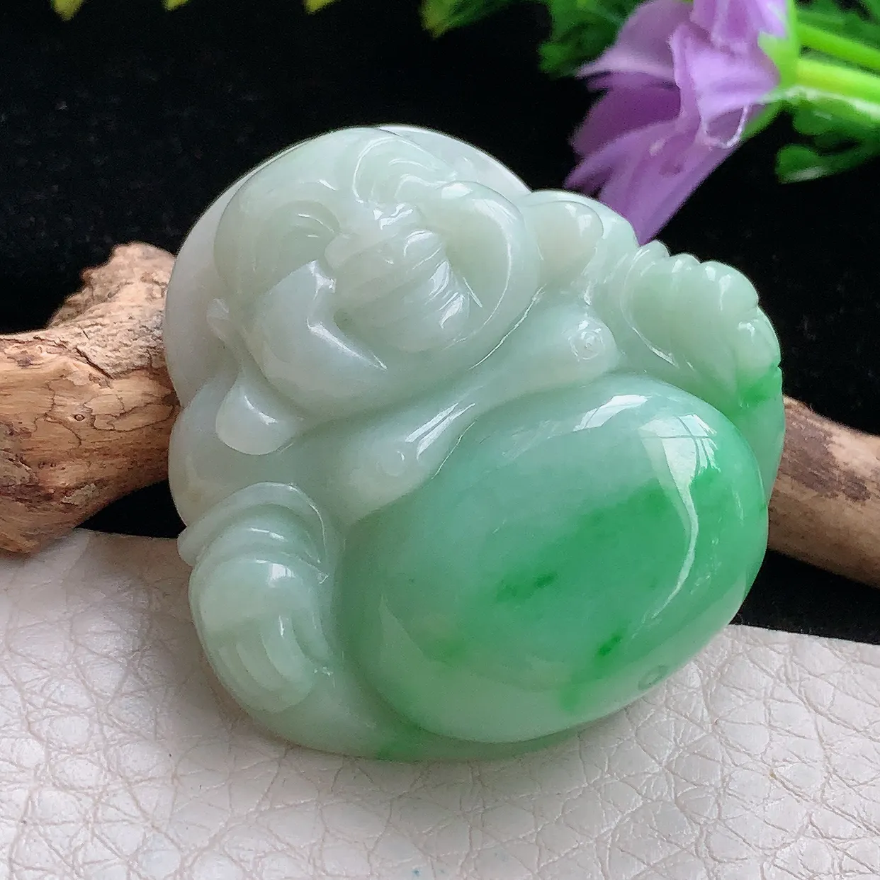 zen实拍41*41.8*12.8缅甸天然翡翠半山半水开心佛玉吊坠 玉挂件