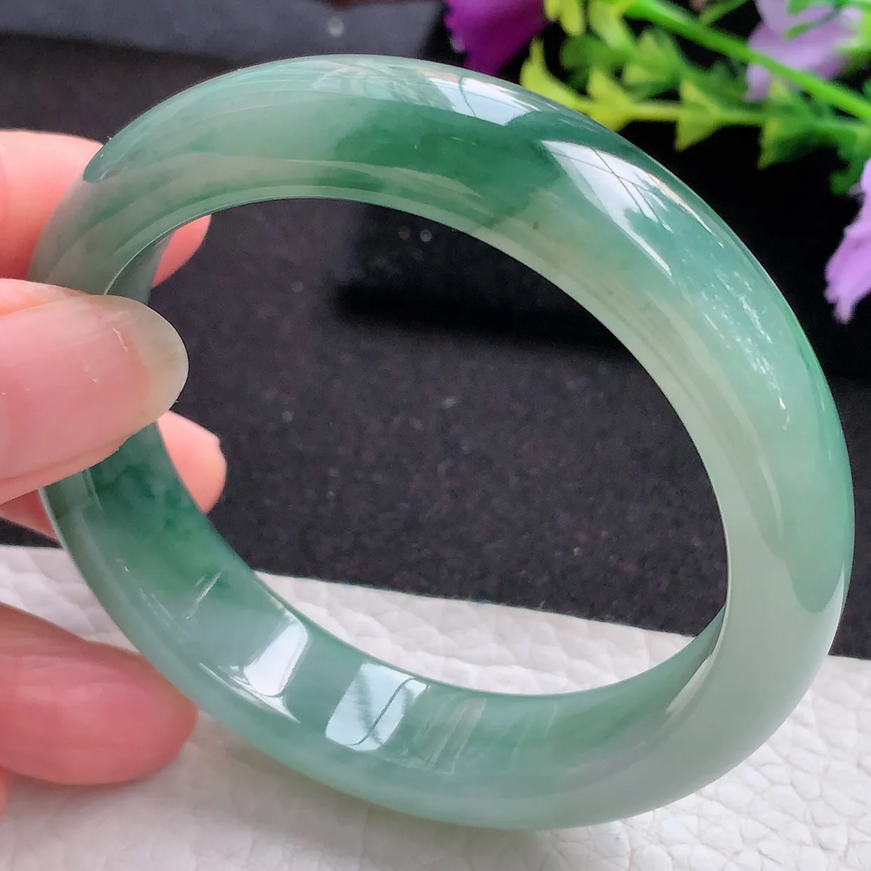 jm实拍54*13*8平安镯 天然翡翠A货蓝韵玉手镯飘花宽边玉手环