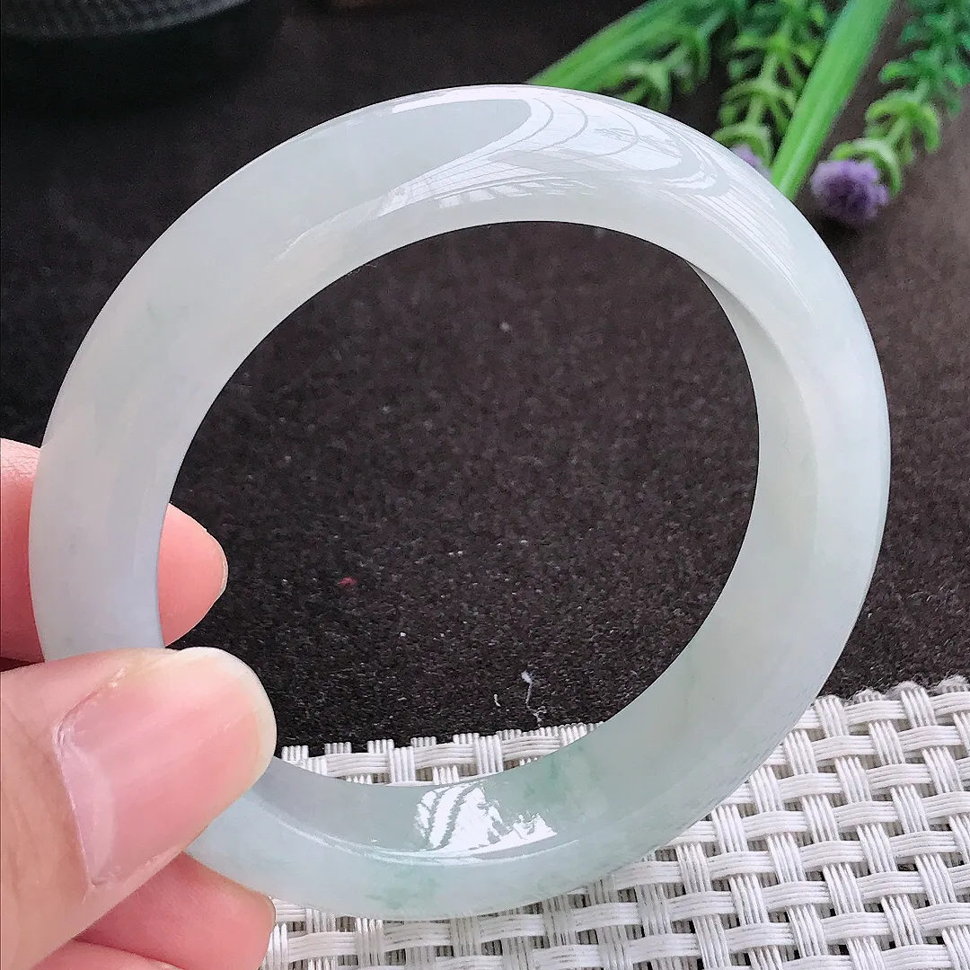 实拍A货翡翠54.5/12.9/9老坑冰胶果冻飘花手镯宽边玉镯手环
