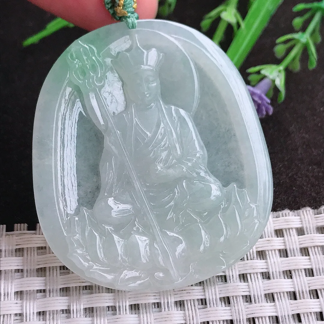 实拍A货翡翠49.6/44/5.2老坑冰润起胶地藏王菩萨吊坠翡翠挂件