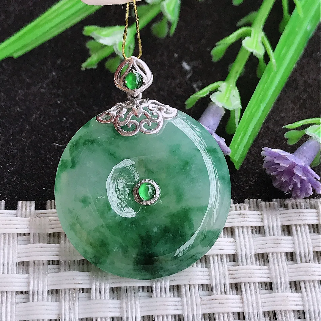 实拍A货翡翠24.3/5.6老坑18k金镶嵌冰胶飘花平安扣吊坠翡翠玉扣挂件