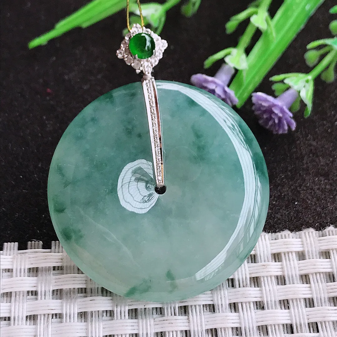 实拍A货翡翠37/6.2老坑18k金镶嵌冰胶果冻飘花平安扣吊坠翡翠挂件