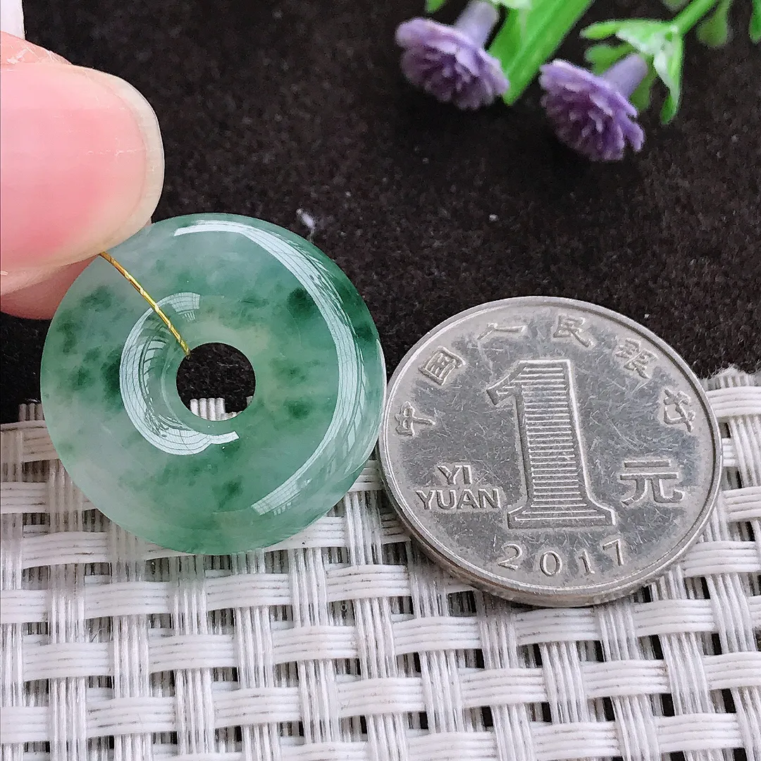 实拍A货翡翠23.8/6老坑冰胶水灵冰飘花平安扣玉环吊坠翡翠挂件