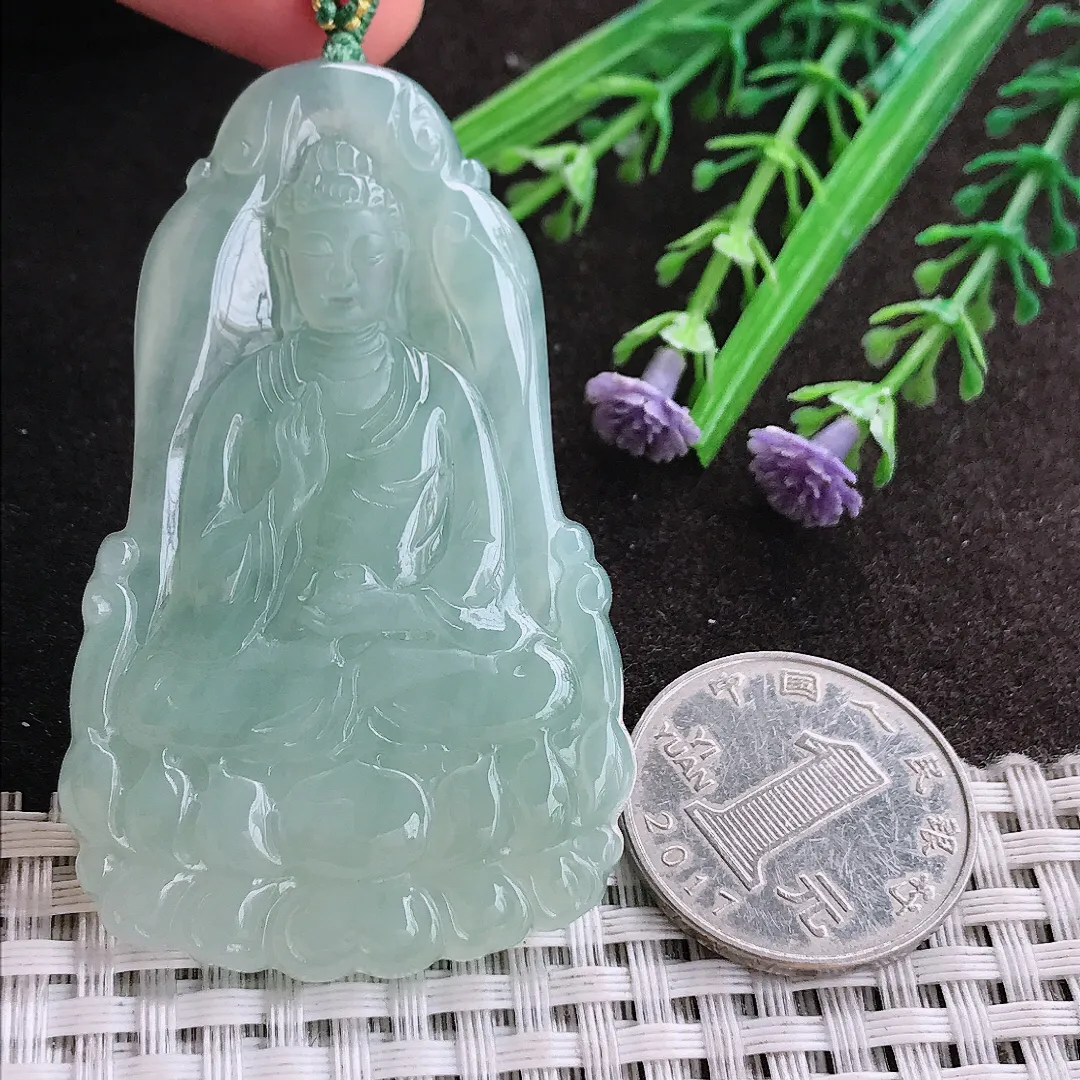 实拍A货翡翠61/38.7/5老坑冰胶果冻冰晴绿观音菩萨吊坠翡翠玉观音挂件