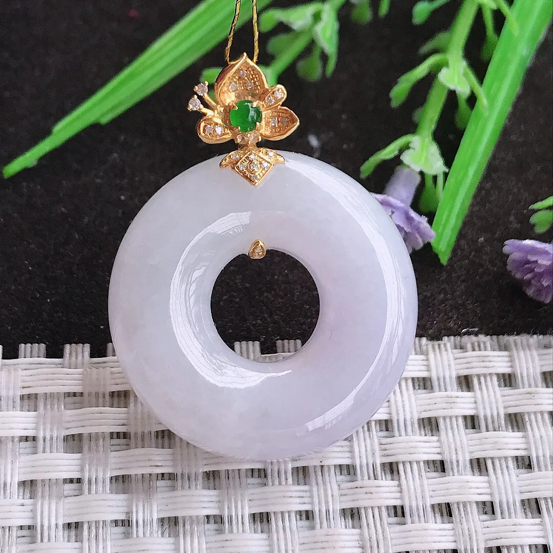 实拍A货翡翠28.3/8.8老坑18k金镶嵌冰润淡紫色平安扣吊坠翡翠玉环挂件