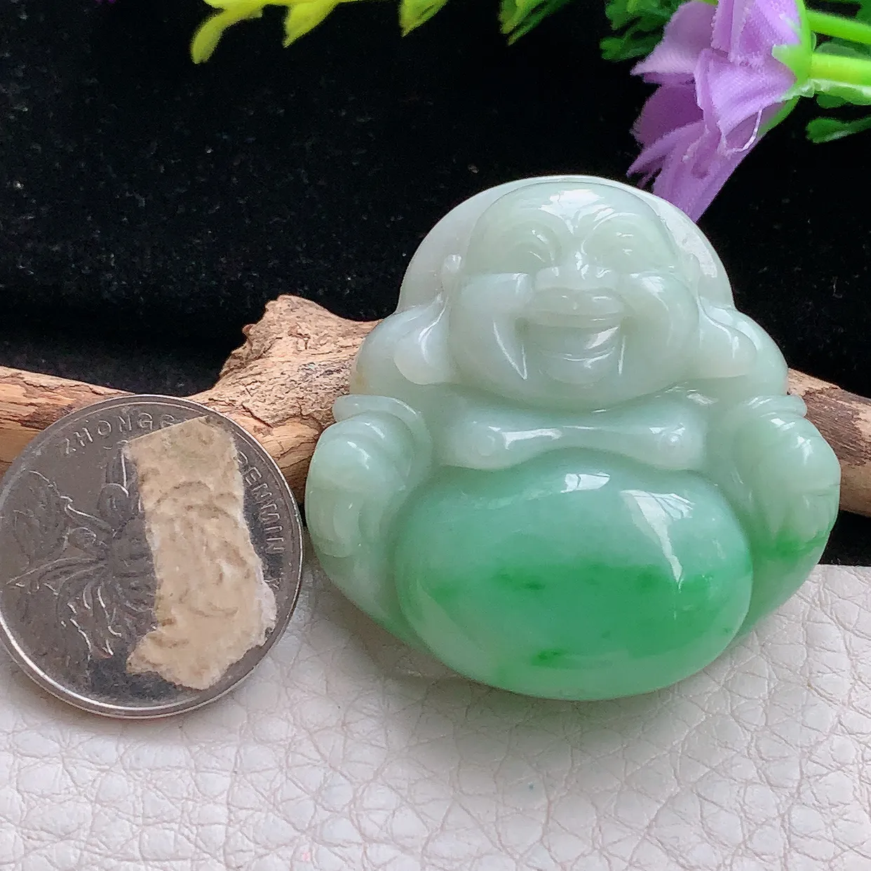 zen实拍41*41.8*12.8缅甸天然翡翠半山半水开心佛玉吊坠 玉挂件