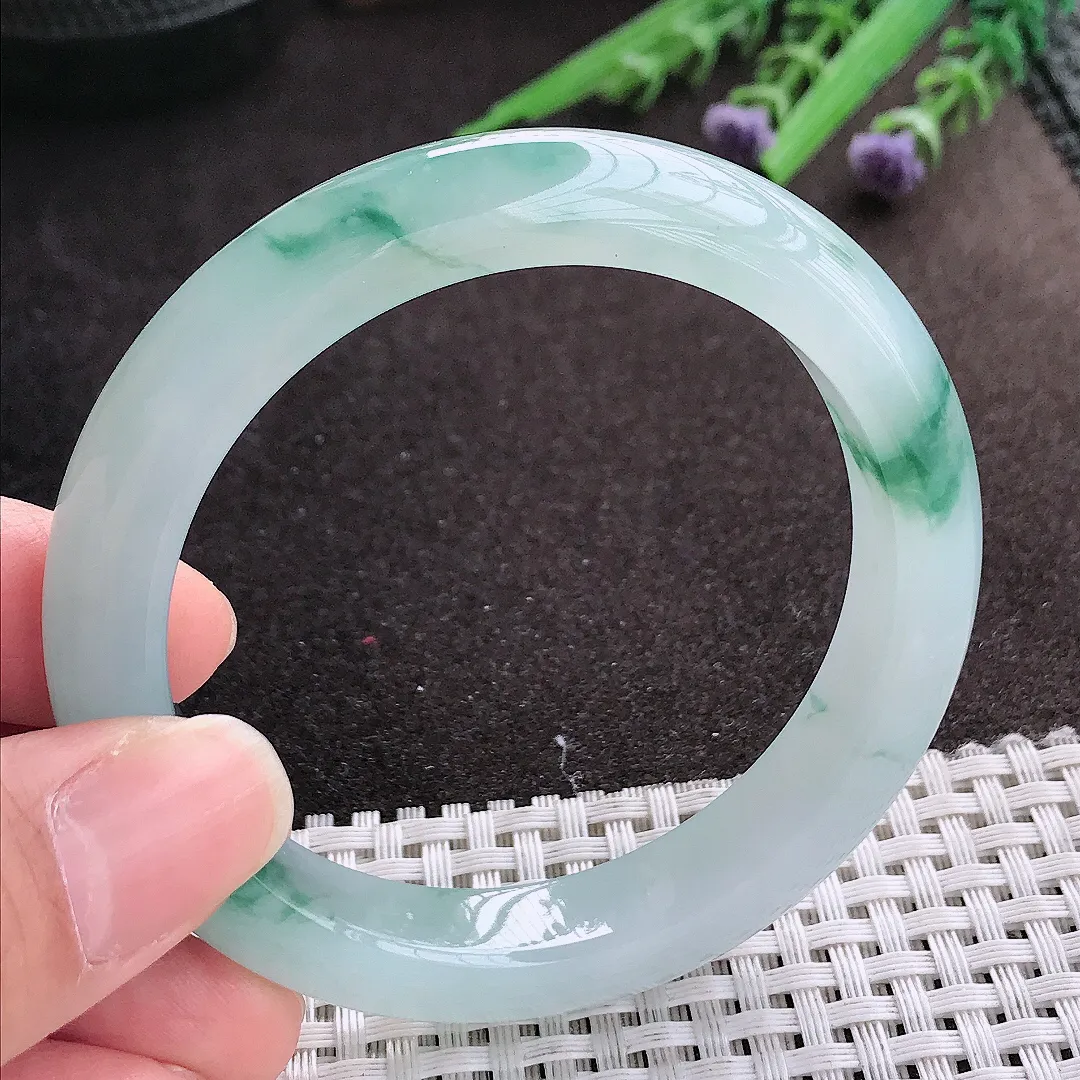 实拍A货翡翠55/11.4/8.6老坑冰胶果冻冰飘花手镯宽边玉镯手环