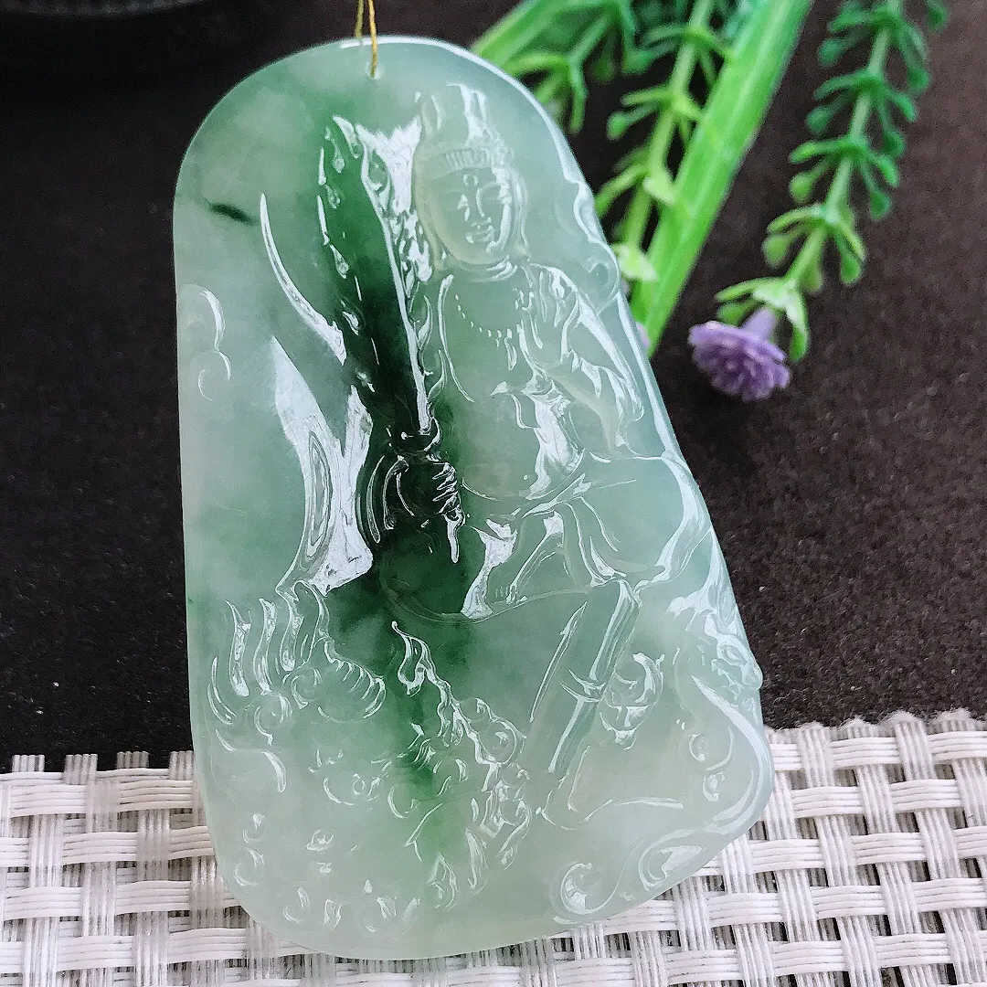 实拍A货翡翠70.5/43.6/5.1老坑冰胶果冻冰晴飘花文殊菩萨吊坠翡翠挂件