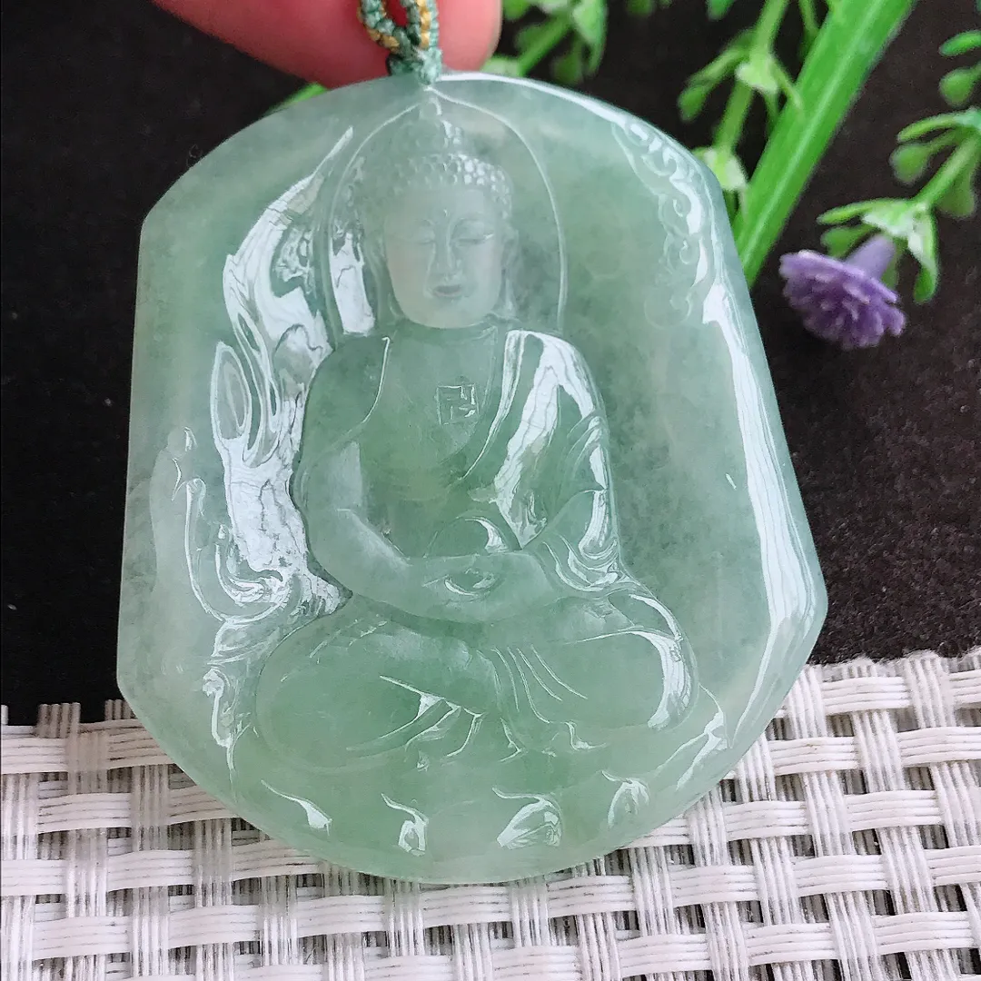 实拍A货翡翠53.2/47.8/4.8老坑冰润起胶冰晴绿大日如来佛祖吊坠翡翠挂件