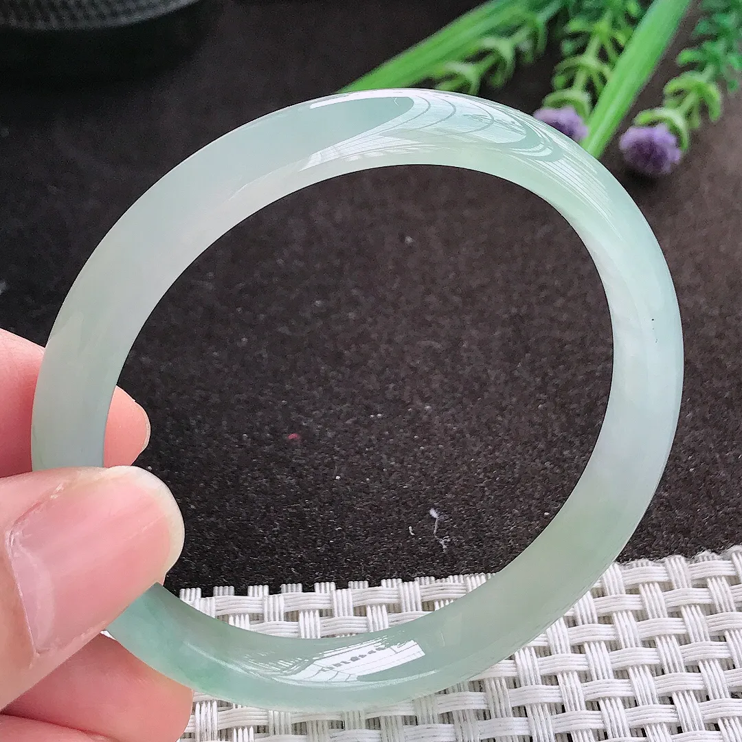 实拍A货翡翠57.5/10/6.8老坑冰胶果冻胶冰晴绿手镯宽边玉镯手环