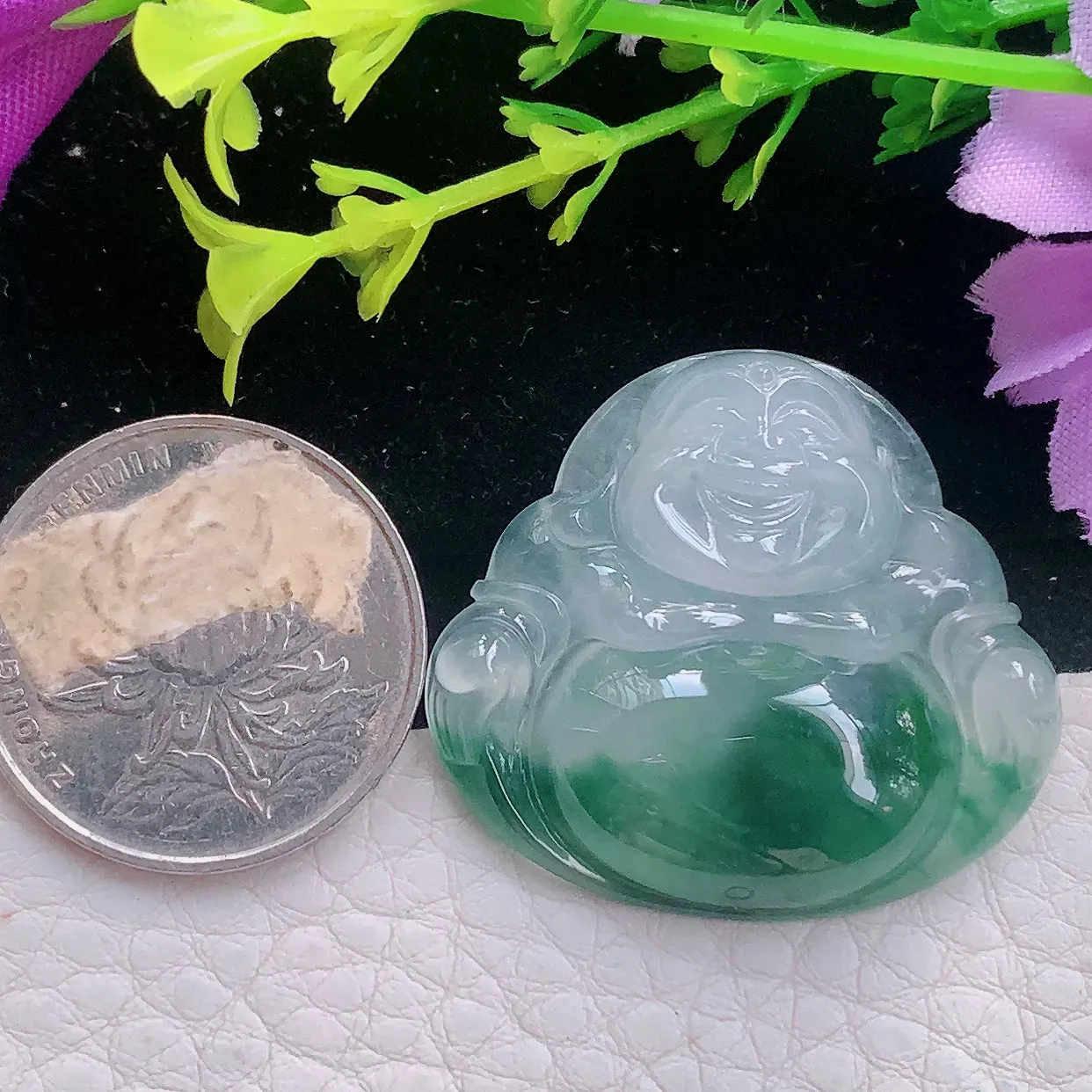 axm自然光31.3*34.8*6.2天然缅甸翡翠a货冰飘花开心佛 弥勒佛玉坠 玉挂件