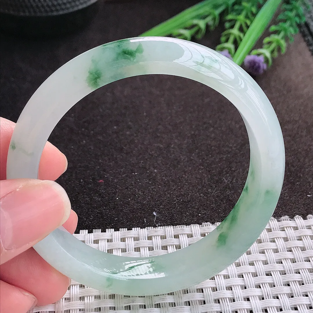 实拍A货翡翠56.5/12.1/8老坑冰胶水灵冰飘花手镯宽边玉镯手环