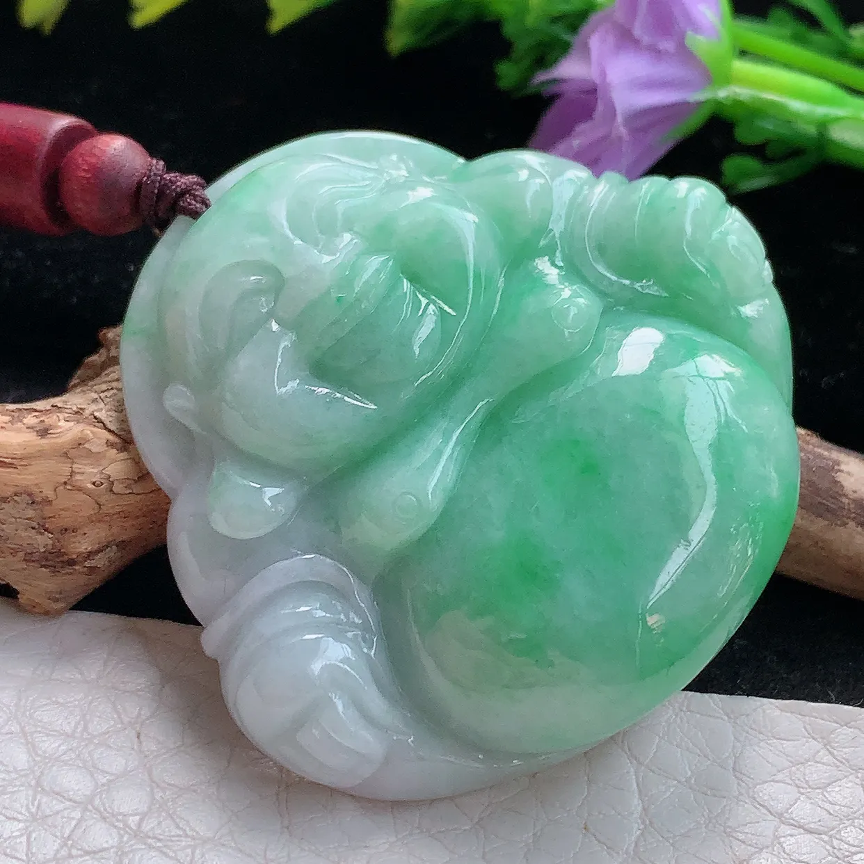 zen实拍44.5*46.8*10.8缅甸天然翡翠飘绿细润大佛公吊坠 大肚弥勒佛毛衣坠