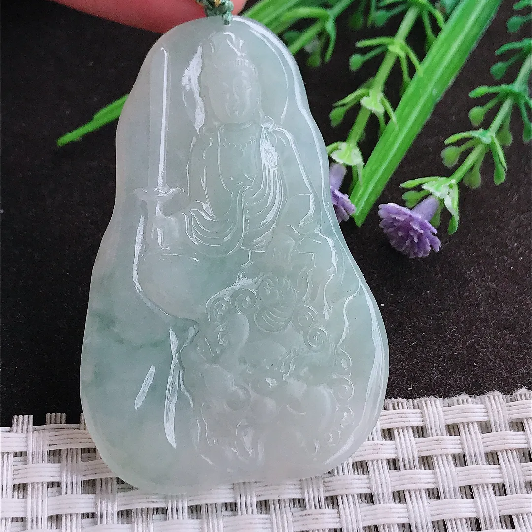 实拍A货翡翠60/38/6老坑冰胶水灵文殊菩萨吊坠翡翠挂件