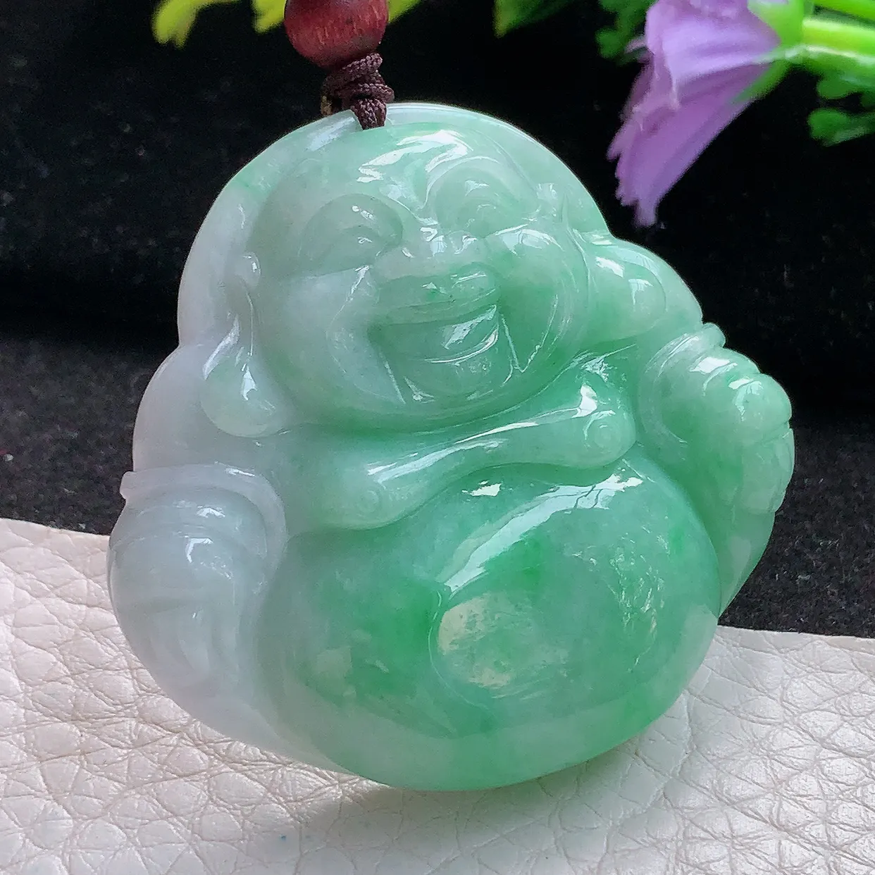 zen实拍44.5*46.8*10.8缅甸天然翡翠飘绿细润大佛公吊坠 大肚弥勒佛毛衣坠