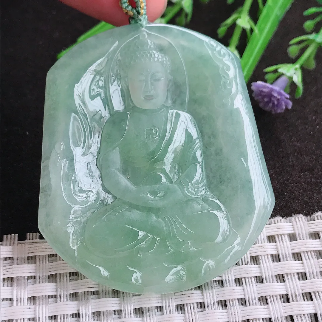 实拍A货翡翠53.2/47.8/4.8老坑冰润起胶冰晴绿大日如来佛祖吊坠翡翠挂件