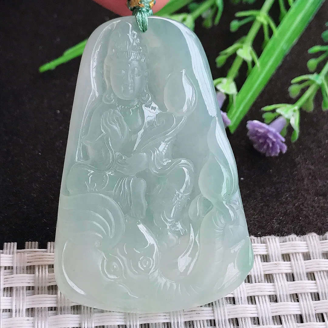 实拍A货翡翠54/36/6.2老坑冰胶果冻冰晴普贤菩萨吊坠翡翠挂件