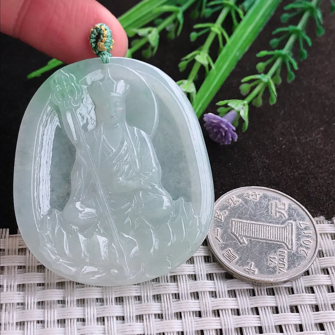 实拍A货翡翠49.6/44/5.2老坑冰润起胶地藏王菩萨吊坠翡翠挂件