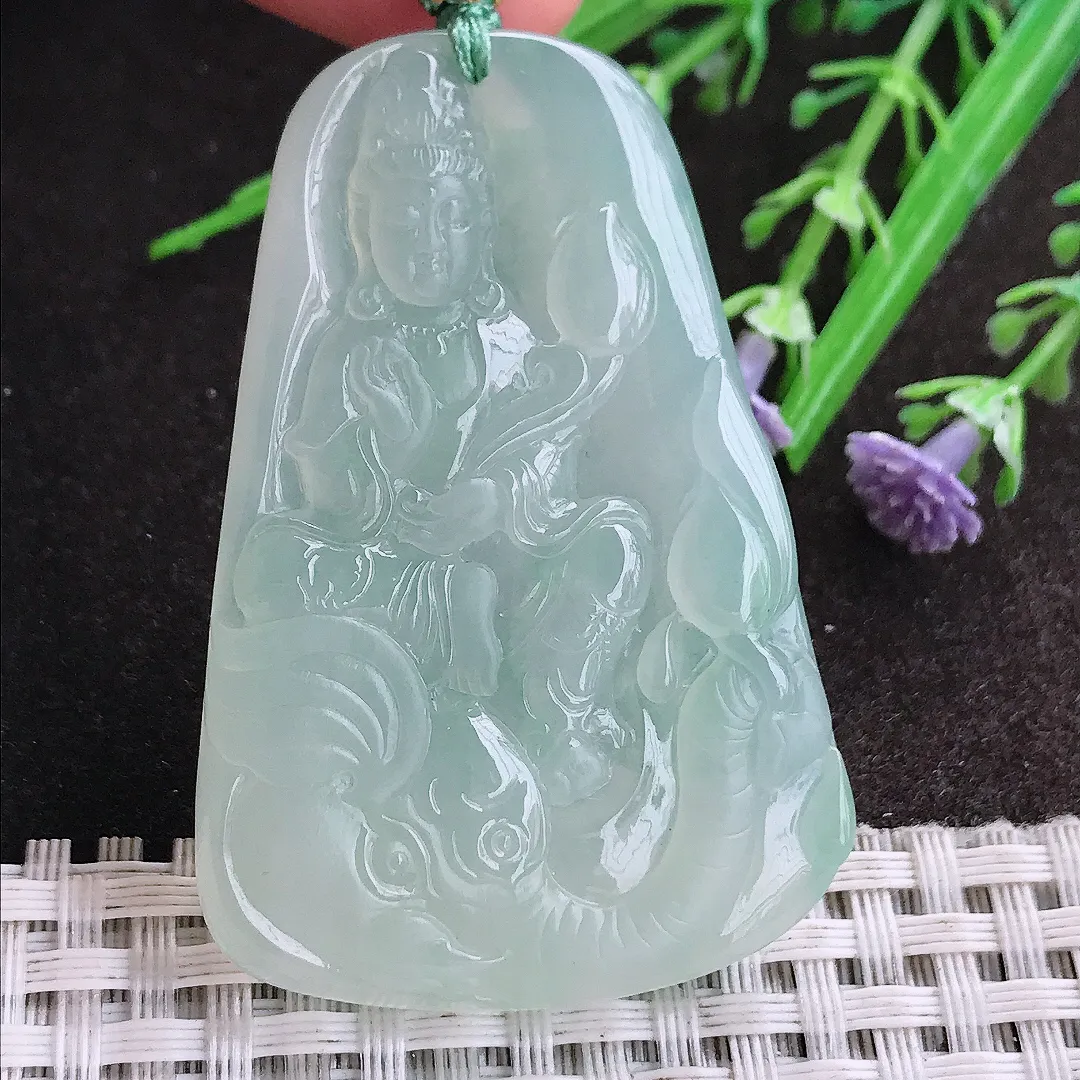 实拍A货翡翠54/36/6.2老坑冰胶果冻冰晴普贤菩萨吊坠翡翠挂件
