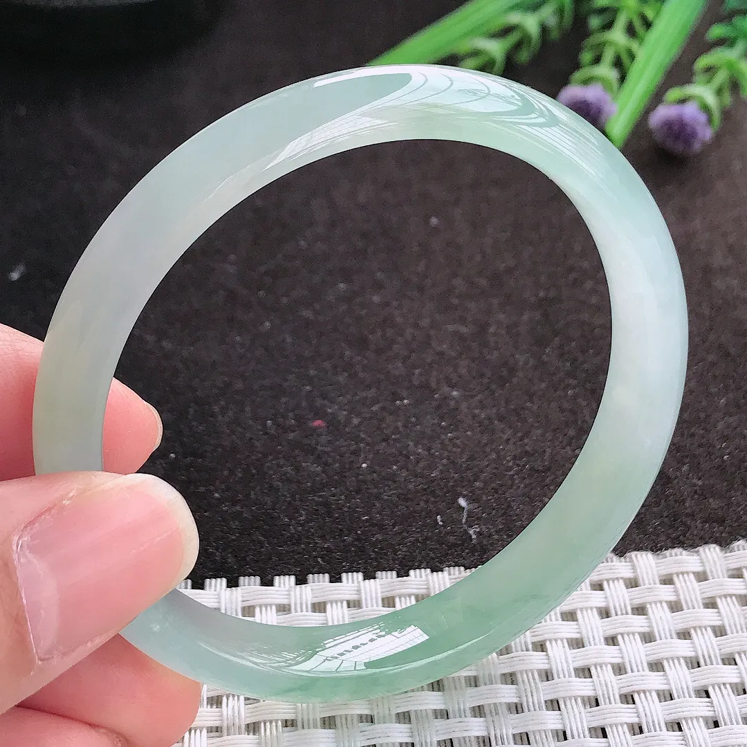 实拍A货翡翠57.5/10/6.8老坑冰胶果冻胶冰晴绿手镯宽边玉镯手环