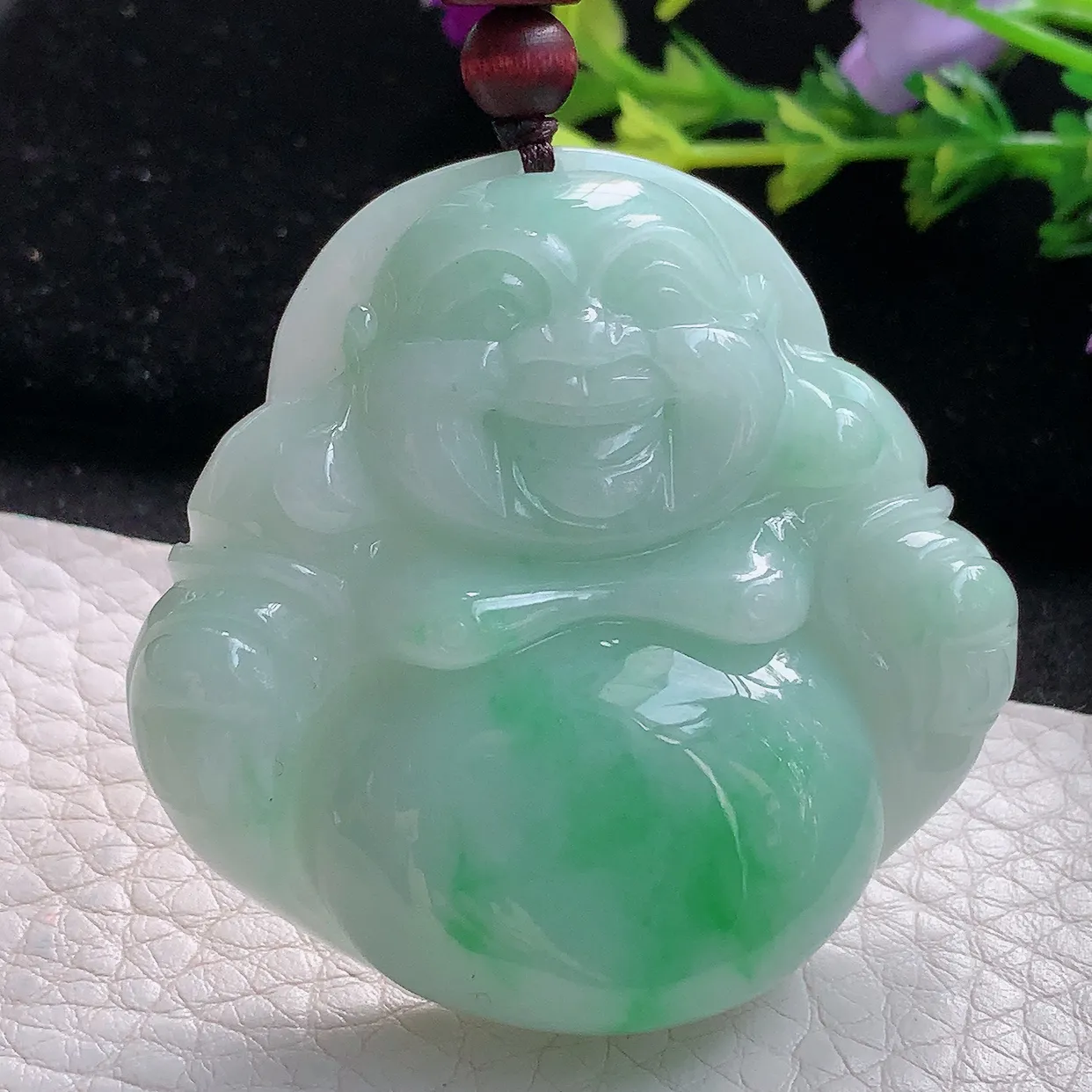 zen实拍46.5*48.8*11.5缅甸天然翡翠飘阳绿大佛公吊坠 大肚弥勒佛毛衣坠